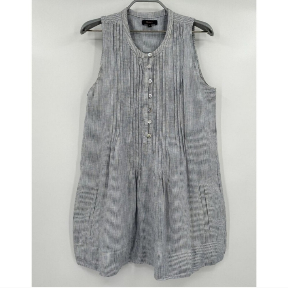 Quince Navy Blue Pinstripe Linen Sleeveless Swing Mini Dress sz S Women's PO